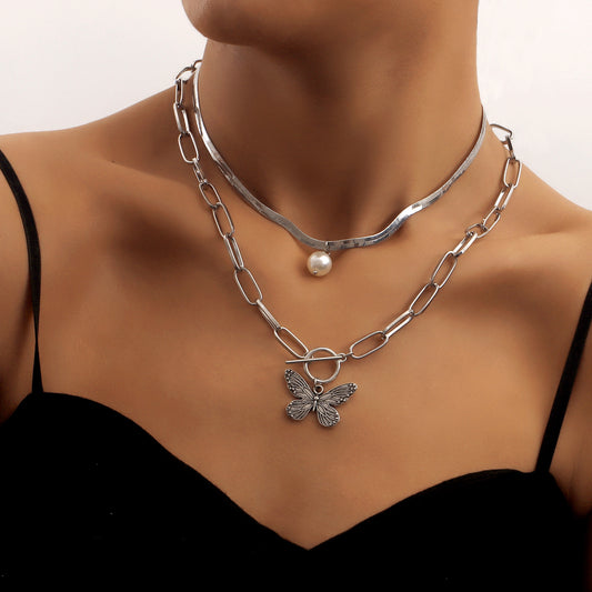 Pearl Striped Butterfly Pendant Necklace Women