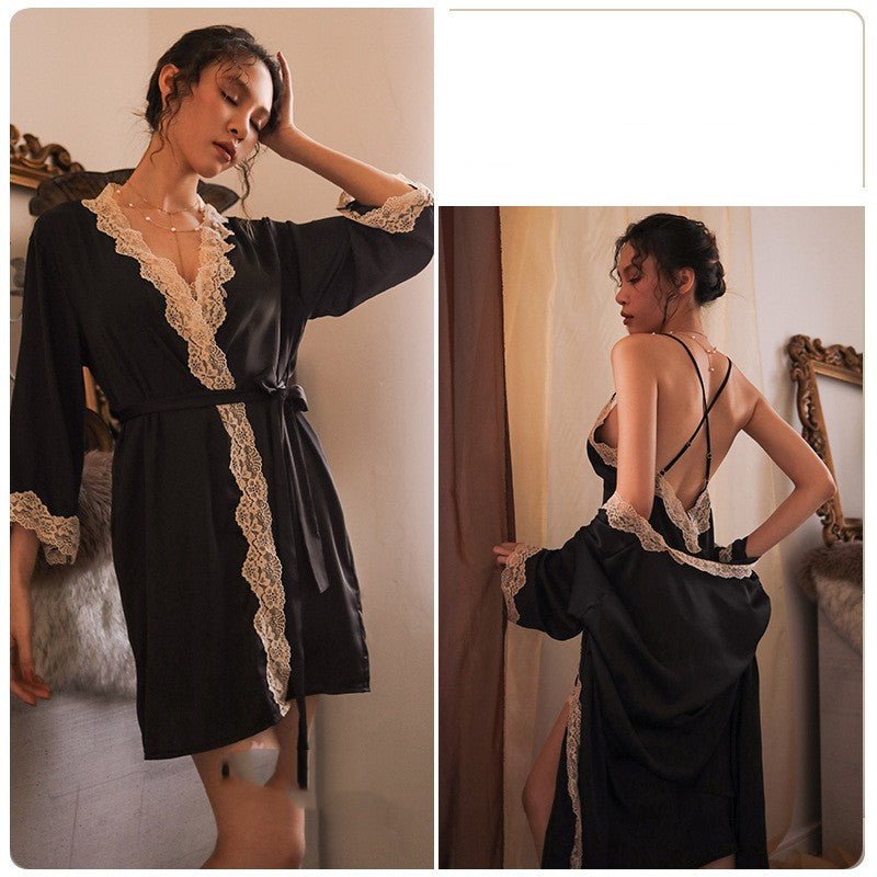 Suspended Nightgown Women's Ice Silk Temptation Lace Pajama Bathrobe Set