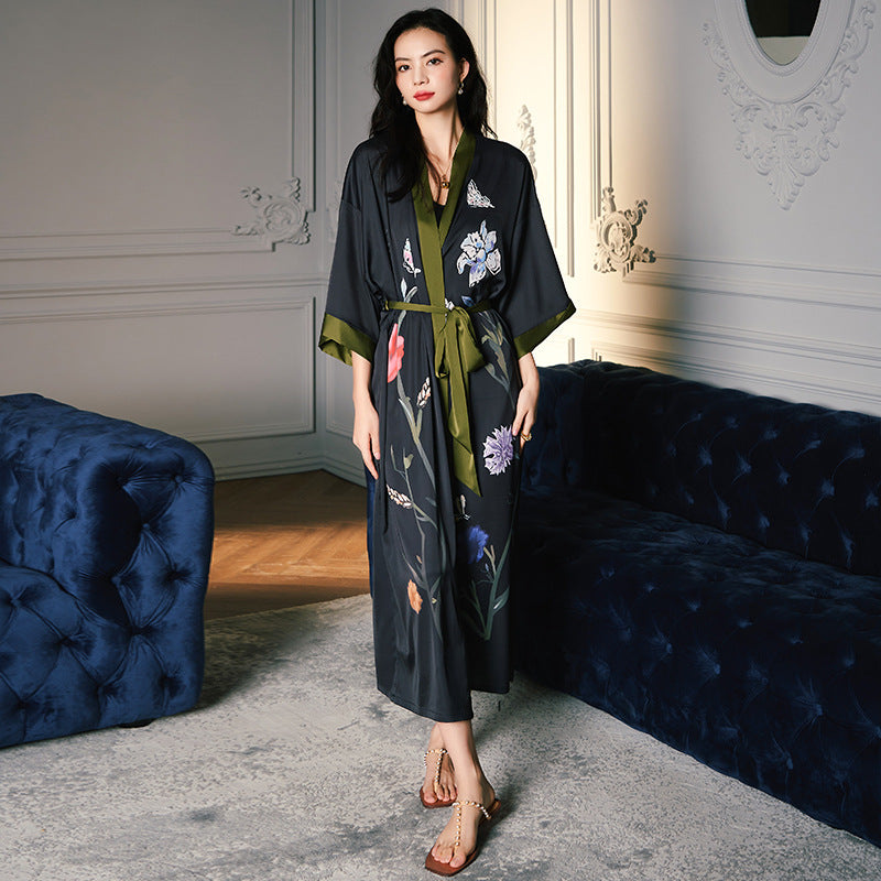 Satin Ice Silk Pajamas Women's Spring And Autumn Nightgown Black Background Long Flower Branches