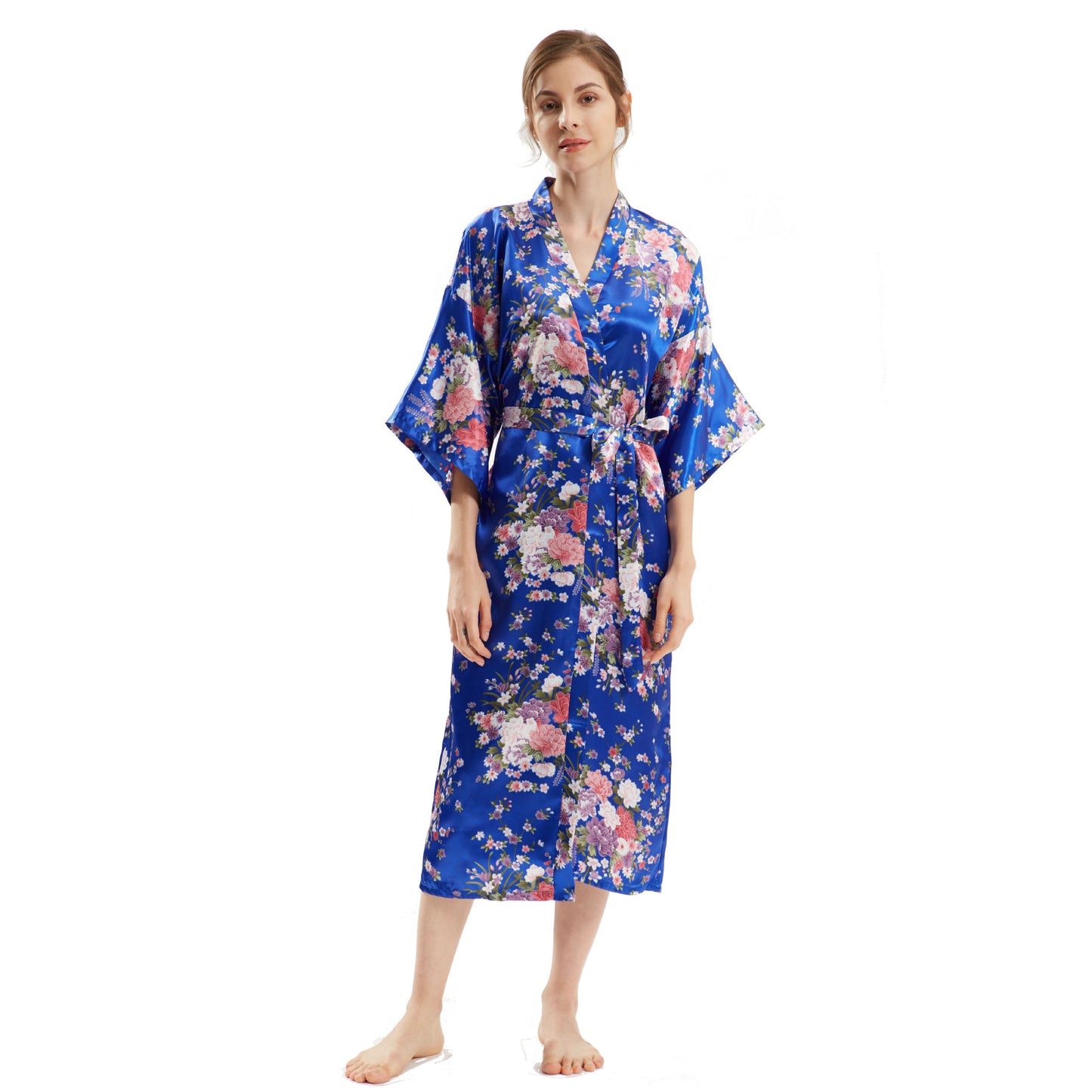 Mid-Sleeve Long Floral Thin Faux Silk Nightgown