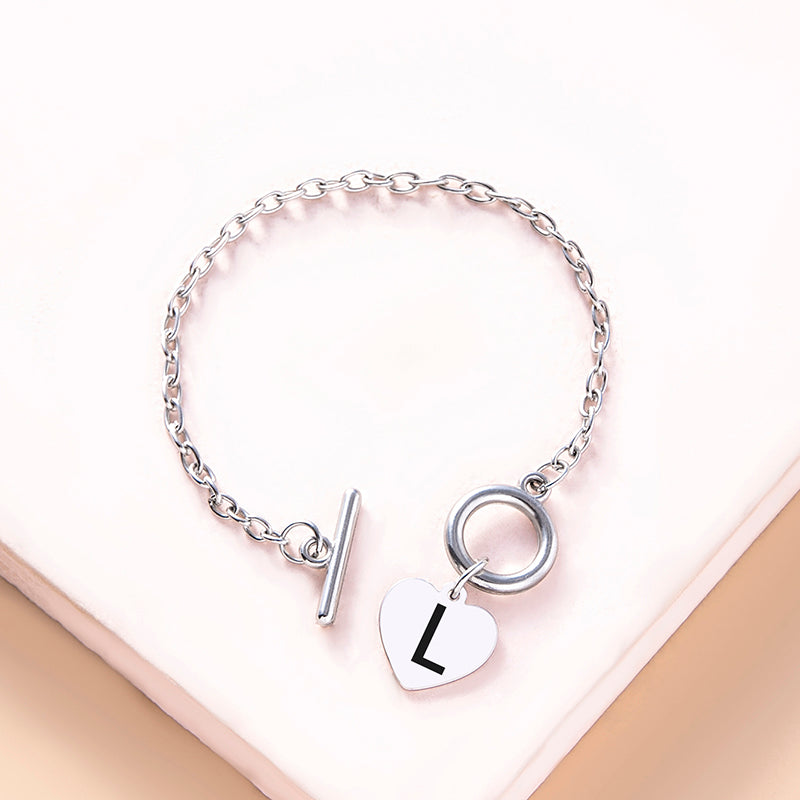 Silver Color Link Chain OT Buckle Clasp Bracelet 26 Initial Letter Heart Charms Bracelets For Women Girls