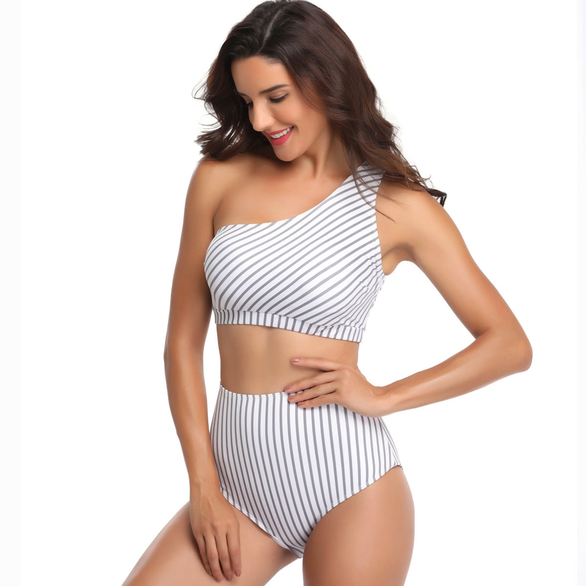 One-shoulder Striped Split High Waist Swimsuit For Women