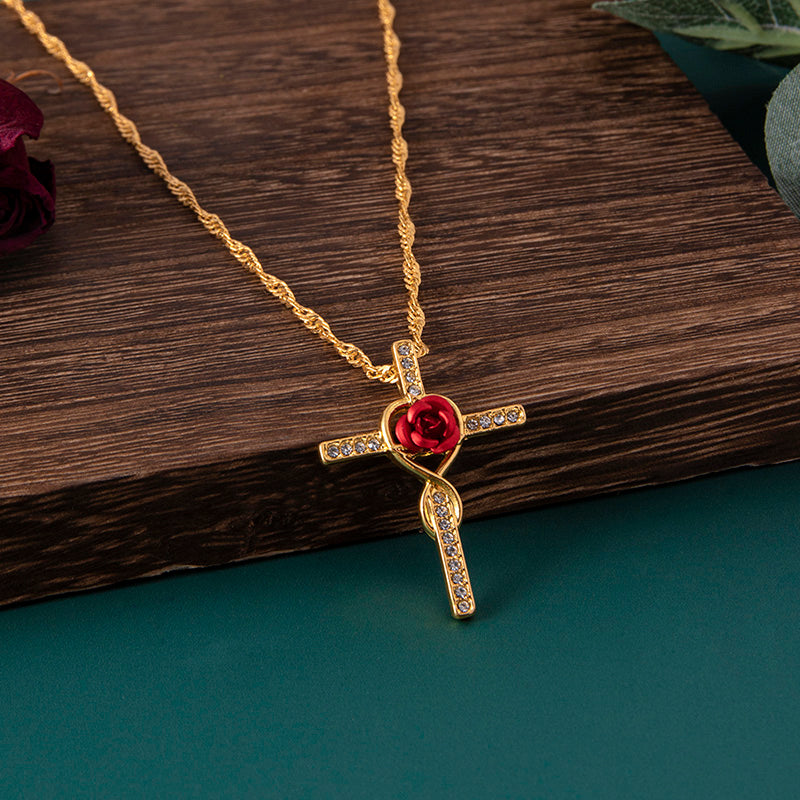 Fashion Rose Flower Cross Necklace Gold Crystal Infinity Anka Pendant Necklaces For Women Religious Jewelry