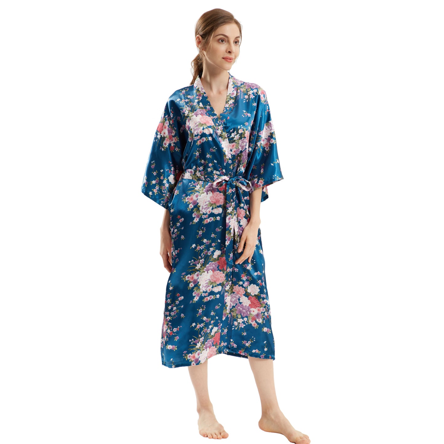 Mid-Sleeve Long Floral Thin Faux Silk Nightgown