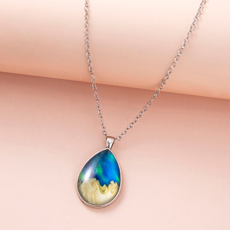 Fashion Aurora Mountains Starry Glass Necklace Silver Teardrop Pendant Necklaces For Women Girls Aesthetic Jewelry