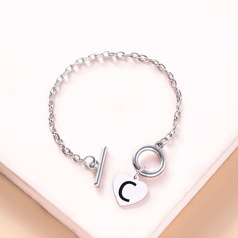 Silver Color Link Chain OT Buckle Clasp Bracelet 26 Initial Letter Heart Charms Bracelets For Women Girls