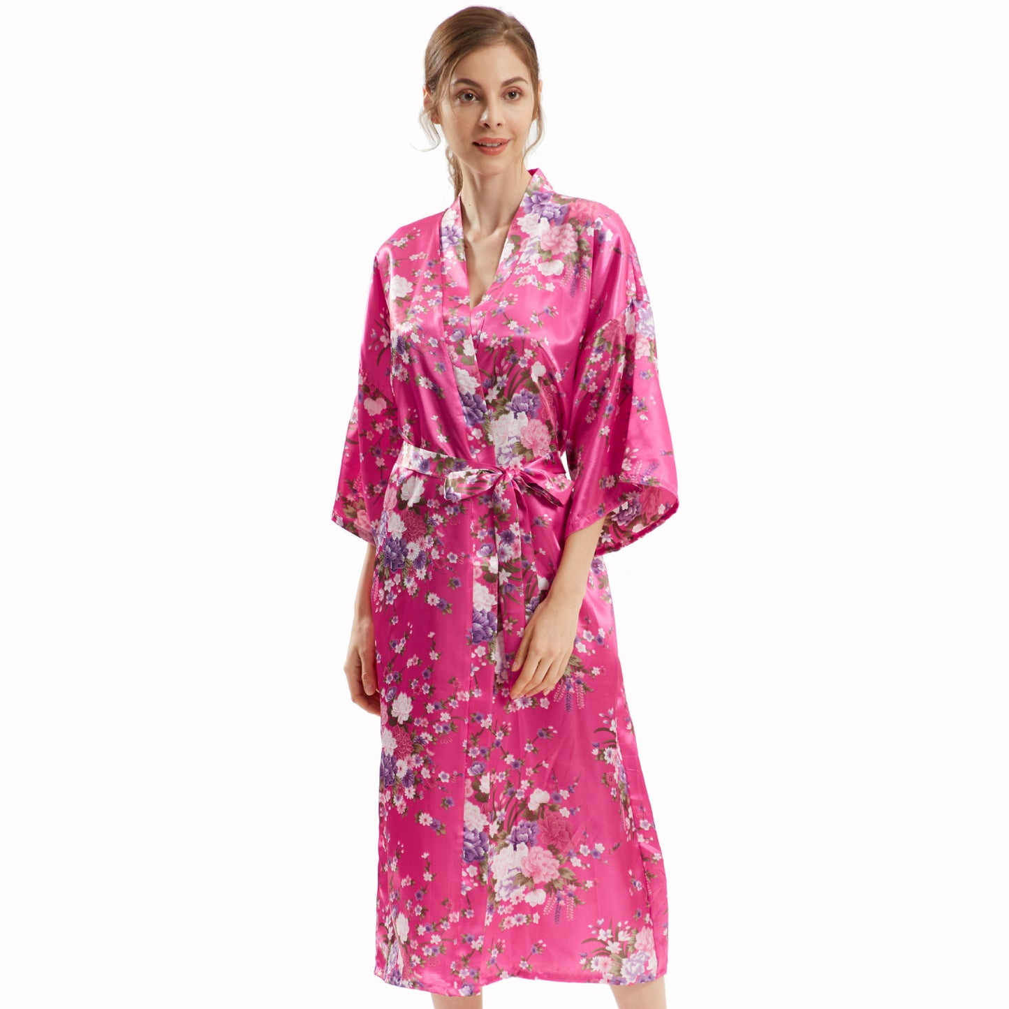 Mid-Sleeve Long Floral Thin Faux Silk Nightgown