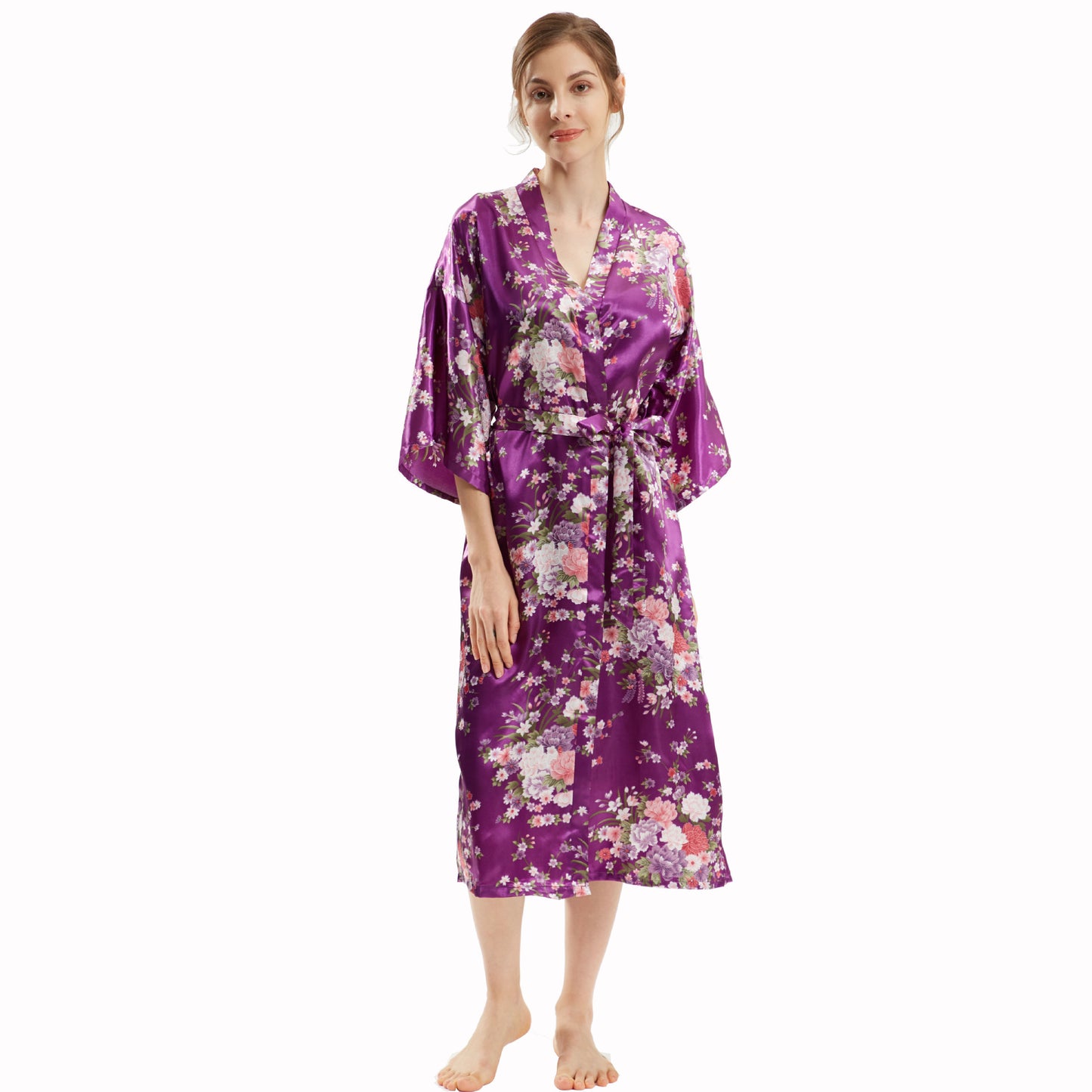 Mid-Sleeve Long Floral Thin Faux Silk Nightgown