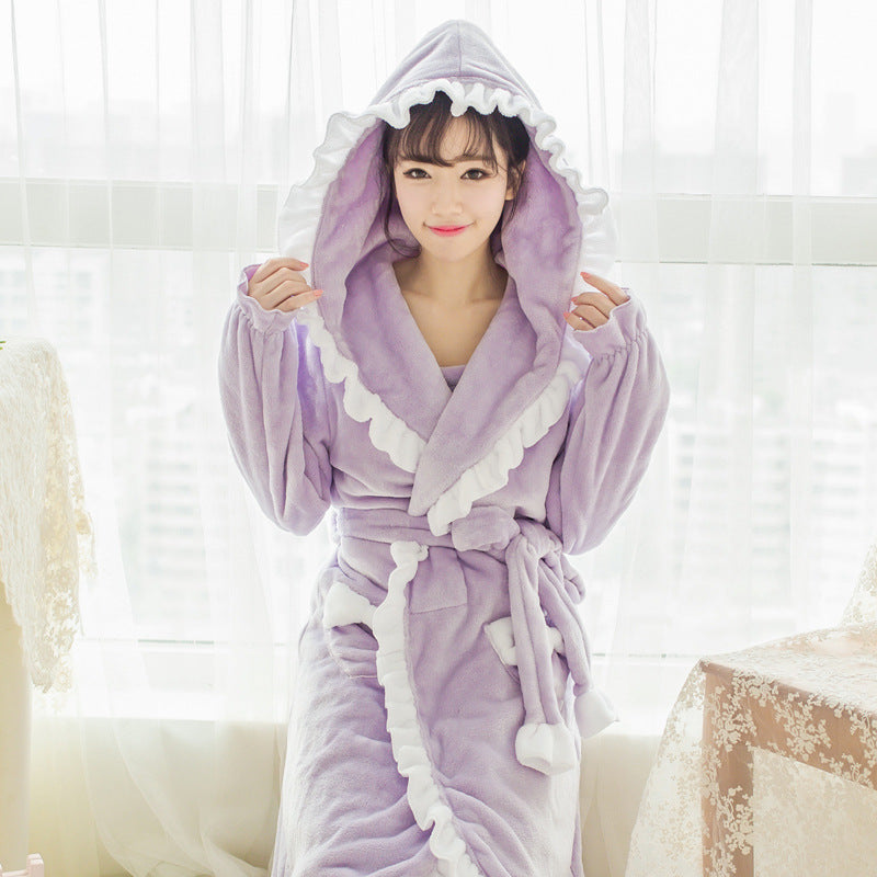 Cute Padded Flannel Nightgown Women Lace