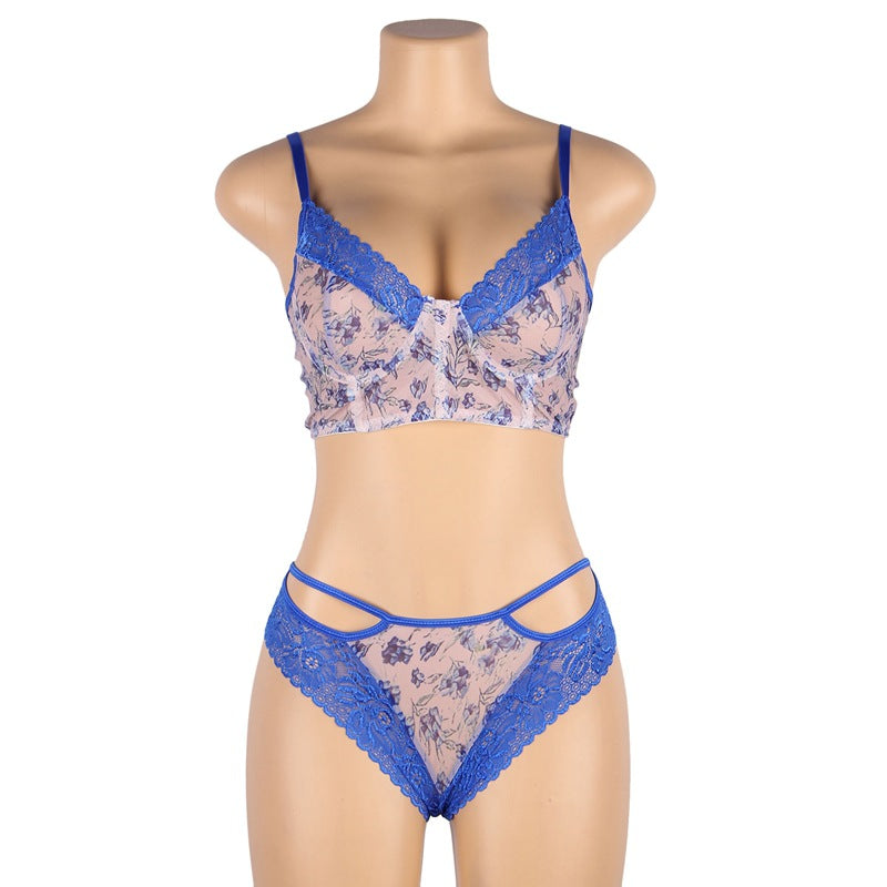 Women's Hollow Lace Blue Floral Sexy Bra Set