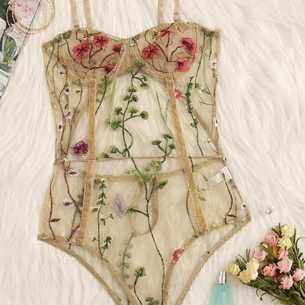 Women's Fashion Flower Embroidery  Bodysuit