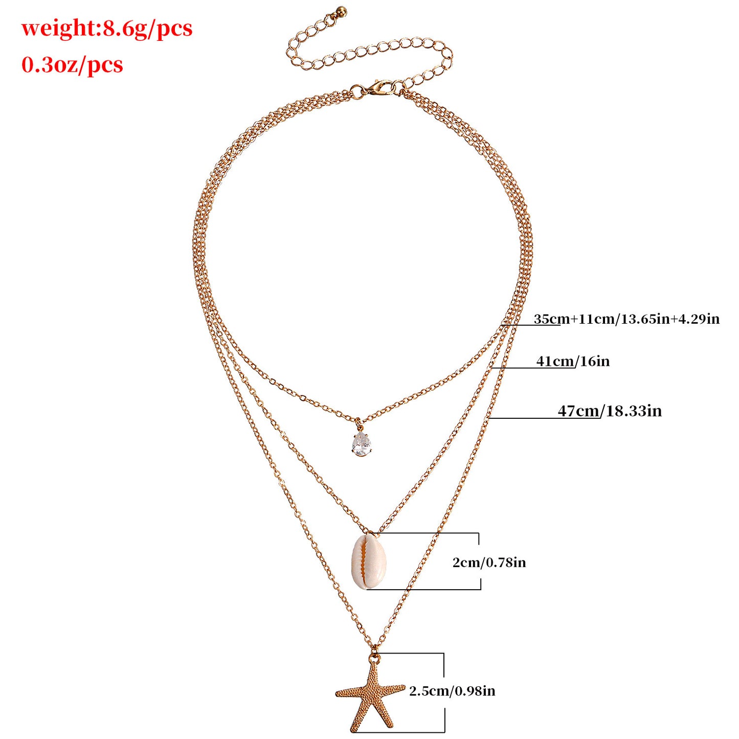 Multilayer Zircon Starfish Shell Pendant Necklace Women