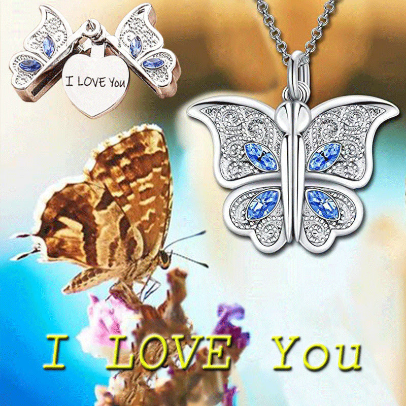 Romantic Butterfly Locket Necklace Openable I Love You Heart Pendant Statement Necklaces For Women Girls