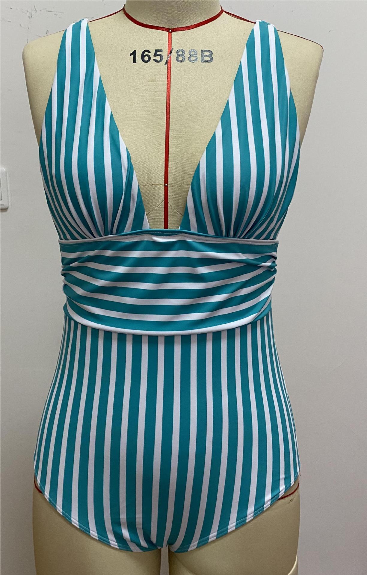 New Women Green Striped One-piece Bikini Swimsuit