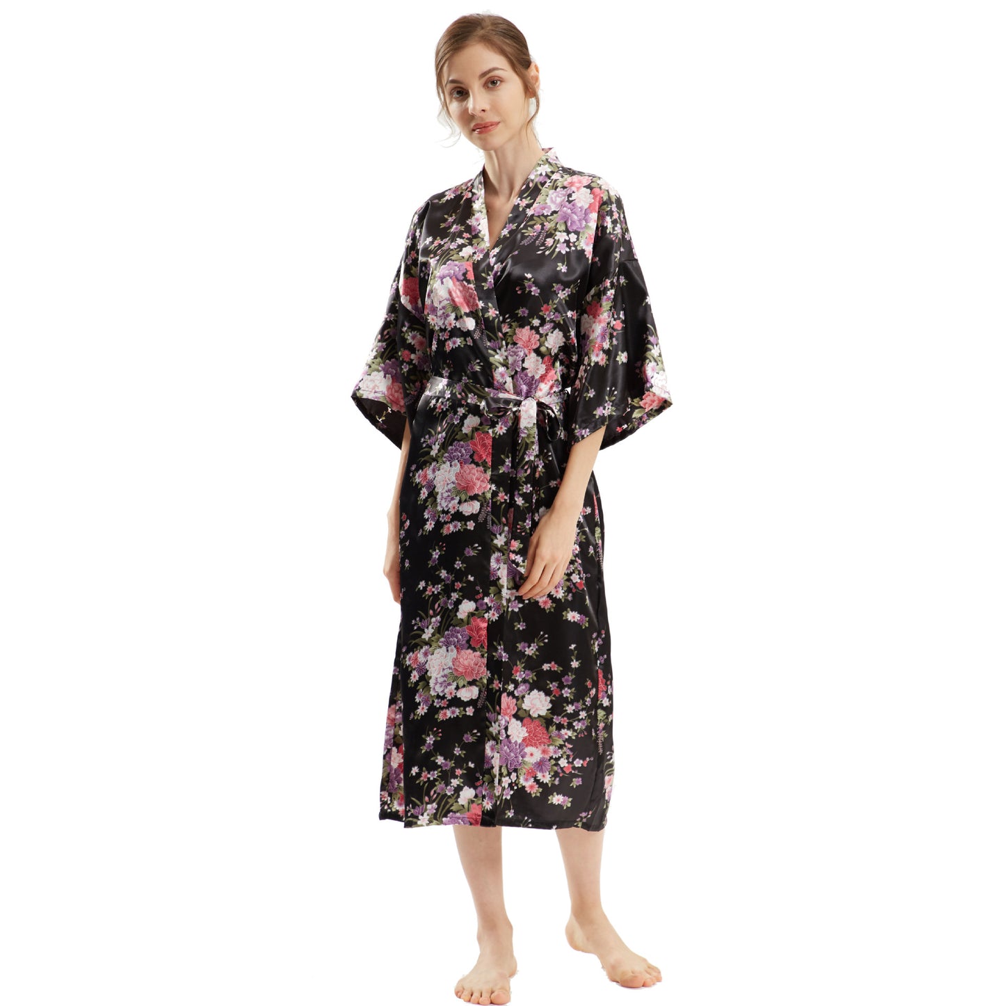 Mid-Sleeve Long Floral Thin Faux Silk Nightgown