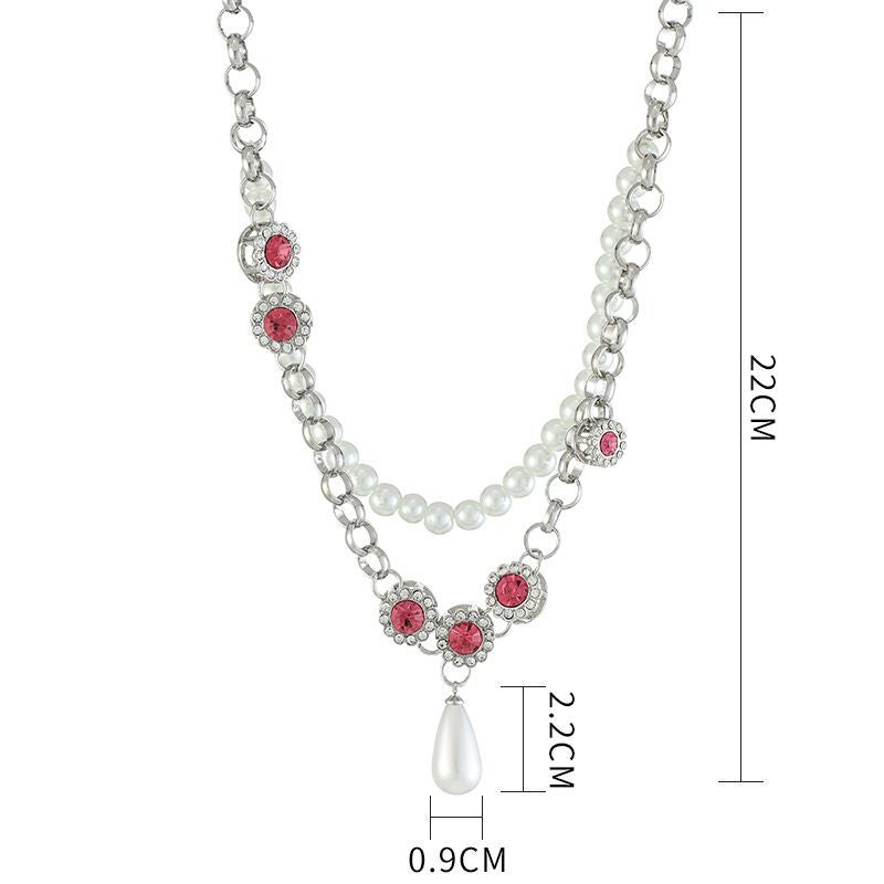 Retro Rhinestone Pearl Double Necklace Women