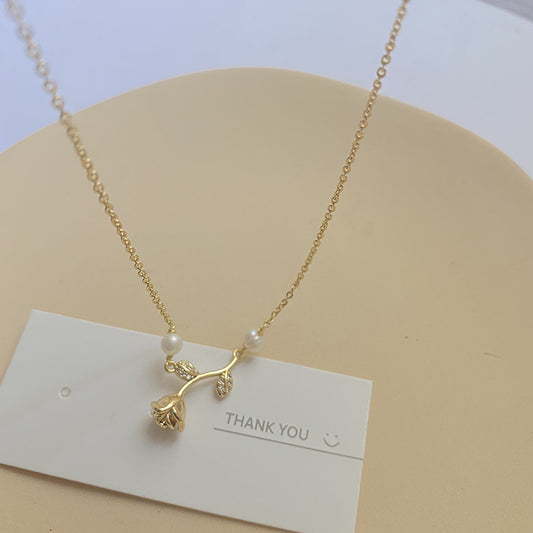 Real Gold Plating Diamond Rose Flower Necklace Women