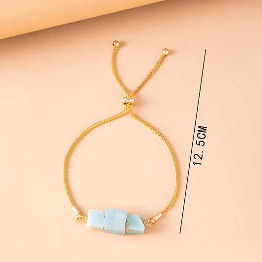 Vintage Blue Square Natural Stone Charm Bracelet Gold Snake Chain Adjustable Bracelets For Women