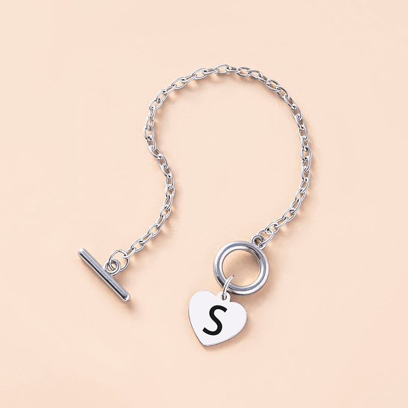 Silver Color Link Chain OT Buckle Clasp Bracelet 26 Initial Letter Heart Charms Bracelets For Women Girls