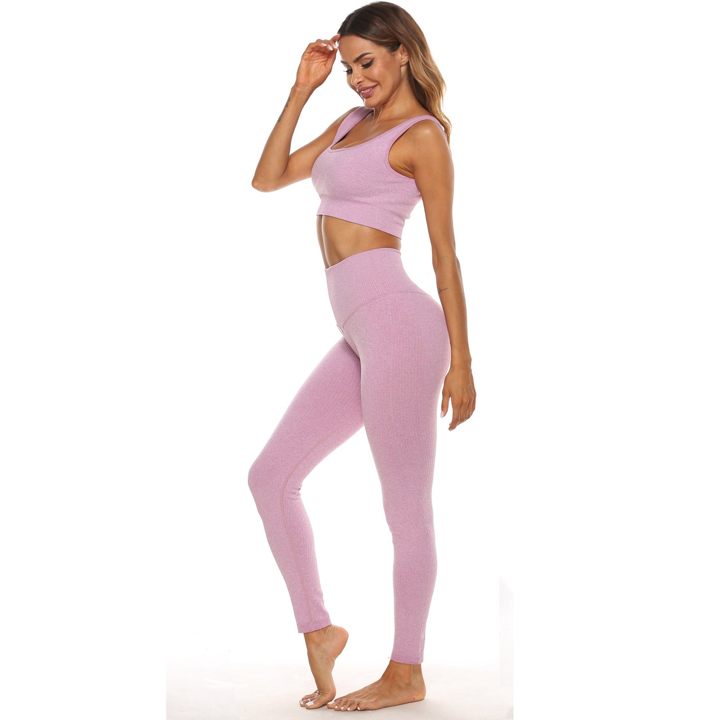 Women's Sports Yoga Wear Suit Vertical Seamless Sexy Bra High Waist Leggings