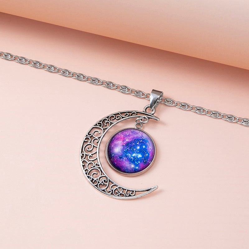 Galaxy Planet Star Glass Necklace Silver Hollow Moon Pendant Statement Necklaces For Women