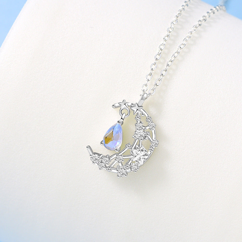 Sterling Silver Glazed Stone Moon Necklace Women