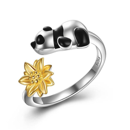 Panda Rings with Sunflower 925 Sterling Silver Panda Jewelry Gifts for Women