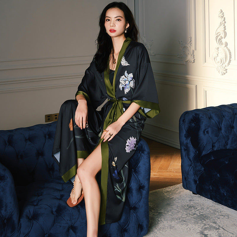 Satin Ice Silk Pajamas Women's Spring And Autumn Nightgown Black Background Long Flower Branches