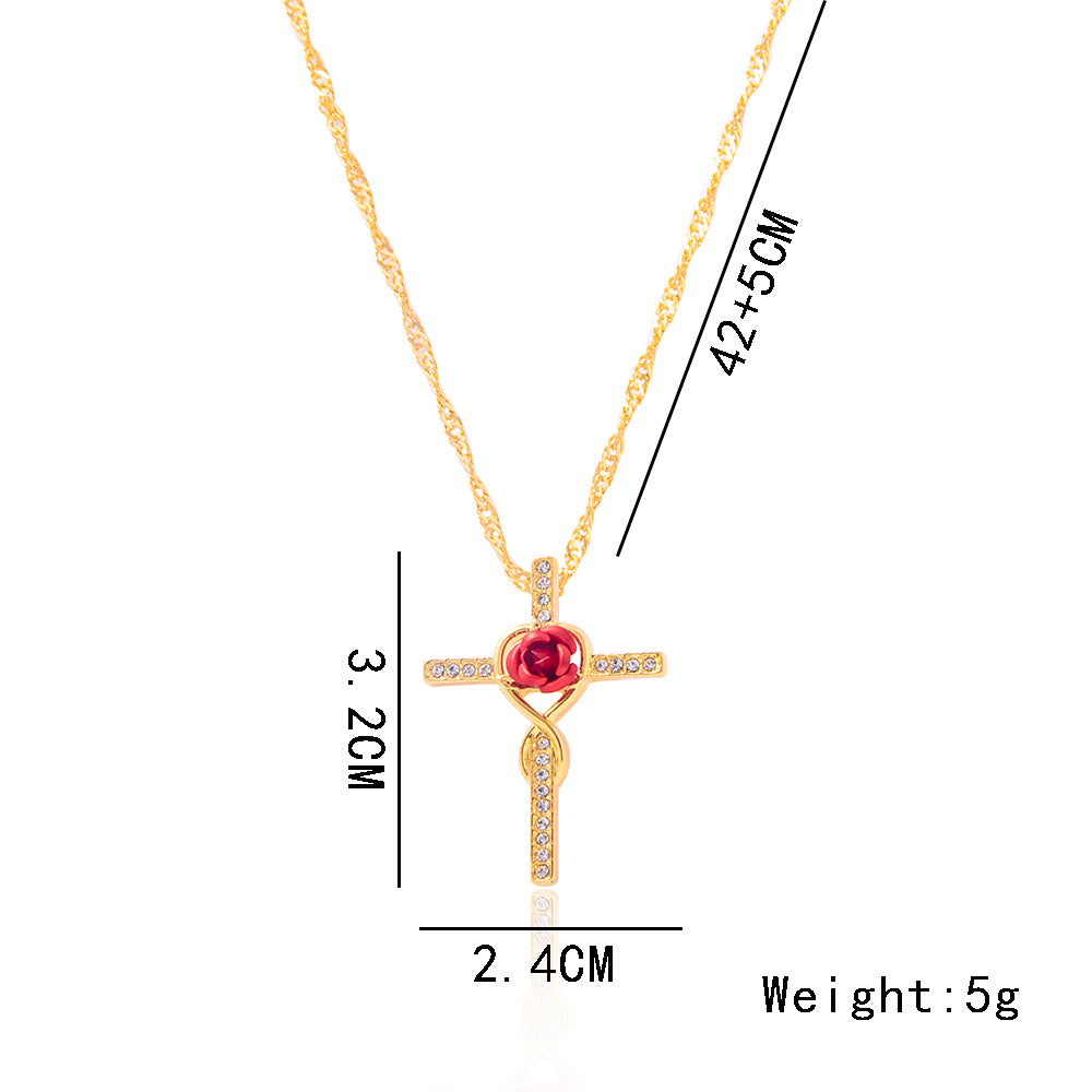 Fashion Rose Flower Cross Necklace Gold Crystal Infinity Anka Pendant Necklaces For Women Religious Jewelry