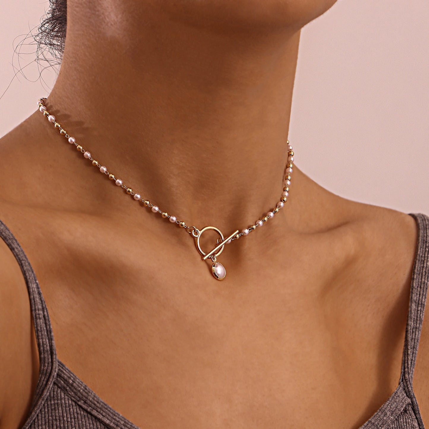 Simple Pearl Chain OT Buckle Necklace Women