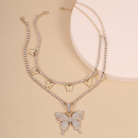 Creative New Product Glass Rhinestone Multilayer Necklace Simple Butterfly Necklace Women