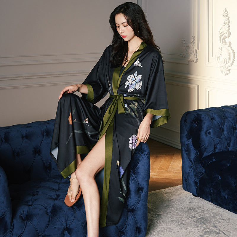 Satin Ice Silk Pajamas Women's Spring And Autumn Nightgown Black Background Long Flower Branches