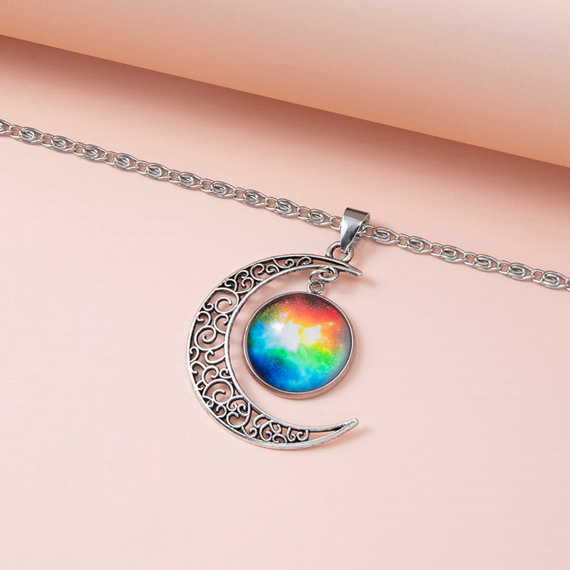 Galaxy Planet Star Glass Necklace Silver Hollow Moon Pendant Statement Necklaces For Women