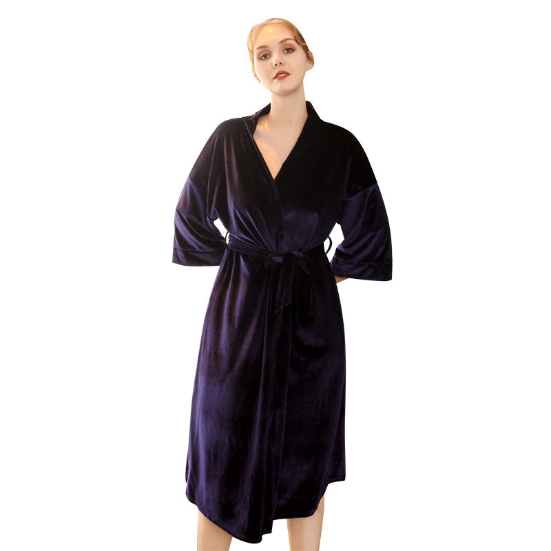 Gold Velvet Nightgown With Long Sleeves And Belt