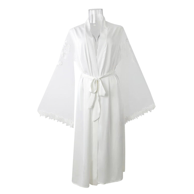 Satin Ice Silk Nightgown Embroidered Long Sleeved Bathrobe