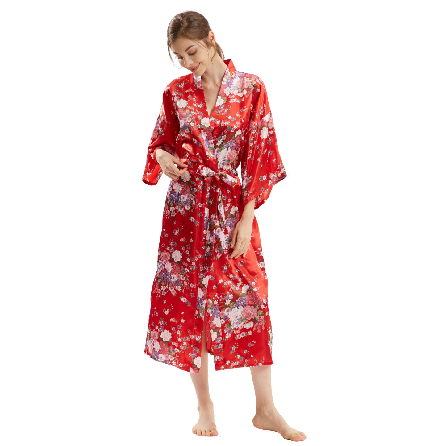 Mid-Sleeve Long Floral Thin Faux Silk Nightgown